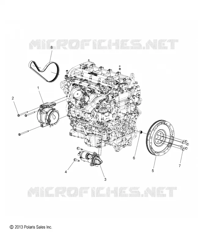 ENGINE, ALTERNATEUR, FLYWHEEL AND STARTER MOUNTING