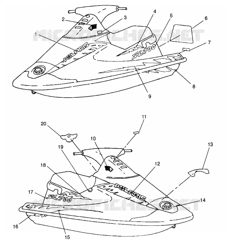EMBLEMES SL 700 B964066 and  Intl. SL 700 I964066 (4935633563A007) Polaris JET SKI 700 1996 SL  INTL SL 700 - I964066